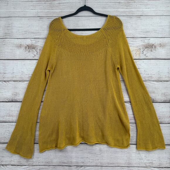 Moth Anthropologie Linen Blend Loose Knit Sweater Womens Large Yellow Boat Neck - Picture 2 of 11